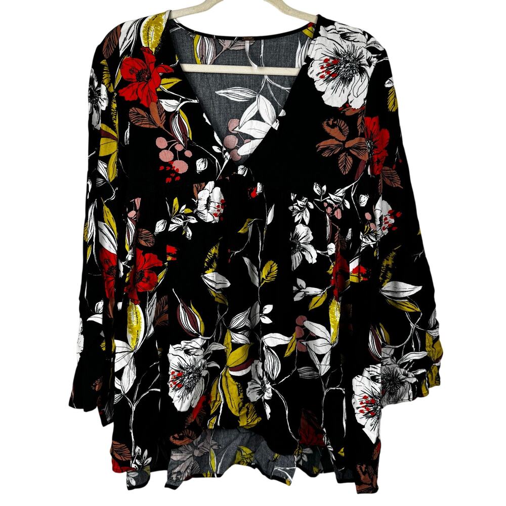 Free People Bella Tunic Top Size Small Black V-Neck Long Sleeve Boho Floral